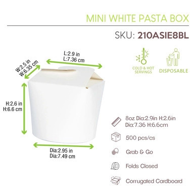 Mini White Pasta Box - 8oz D:2.75in H:2.6in - 500 pcs