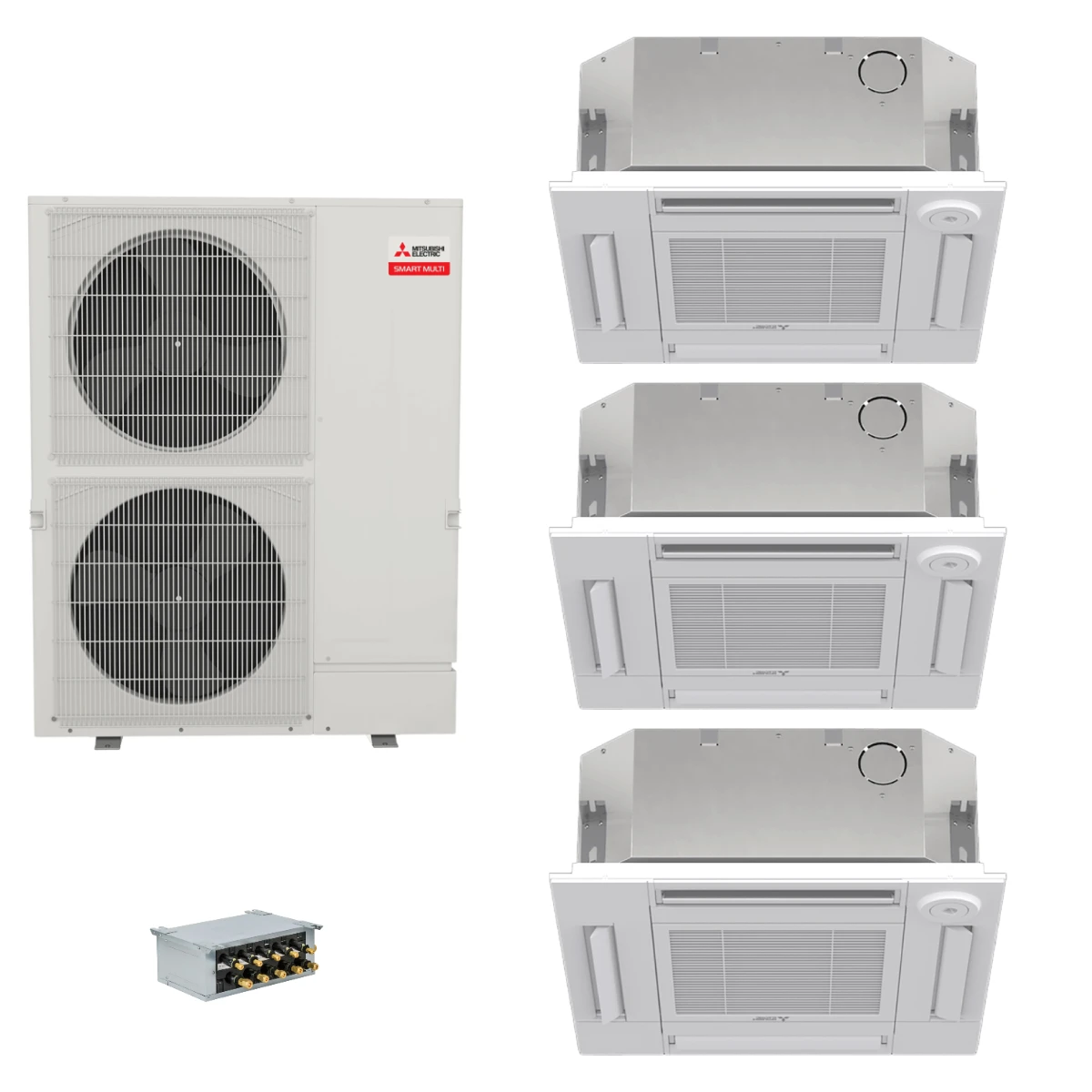 Mitsubishi Electric 60,000 BTU 20 SEER2 Smart Multi Tri Zone 4-Way Ceiling Cassette Ductless Mini Split Heat Pump System 9+9+12 with Branch Box R454B