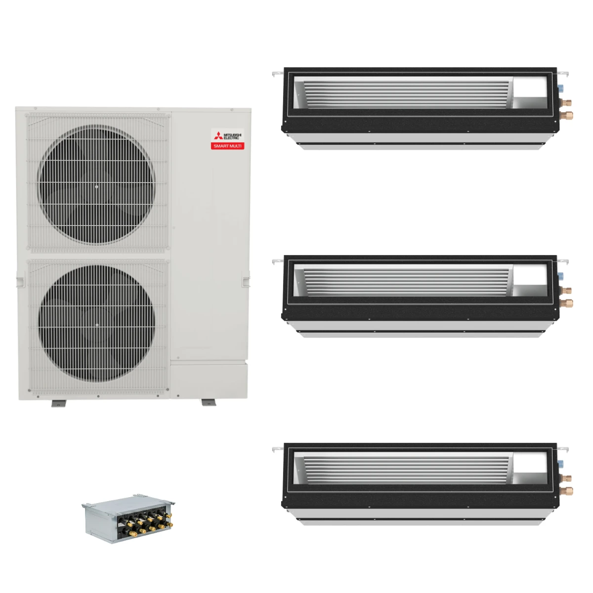 Mitsubishi Electric 60,000 BTU 16 SEER2 Smart Multi Tri Zone Mid Static Ducted Mini Split Heat Pump System 9+24+24 with Branch Box R454B