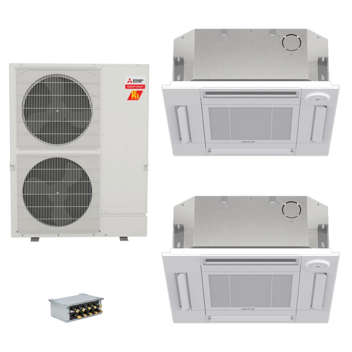 Mitsubishi Electric 42,000 BTU 21 SEER2 Hyper-Heat Smart Multi Dual Zone 4-Way Ceiling Cassette Ductless Mini Split Heat Pump System 9+15 with Branch Box R454B