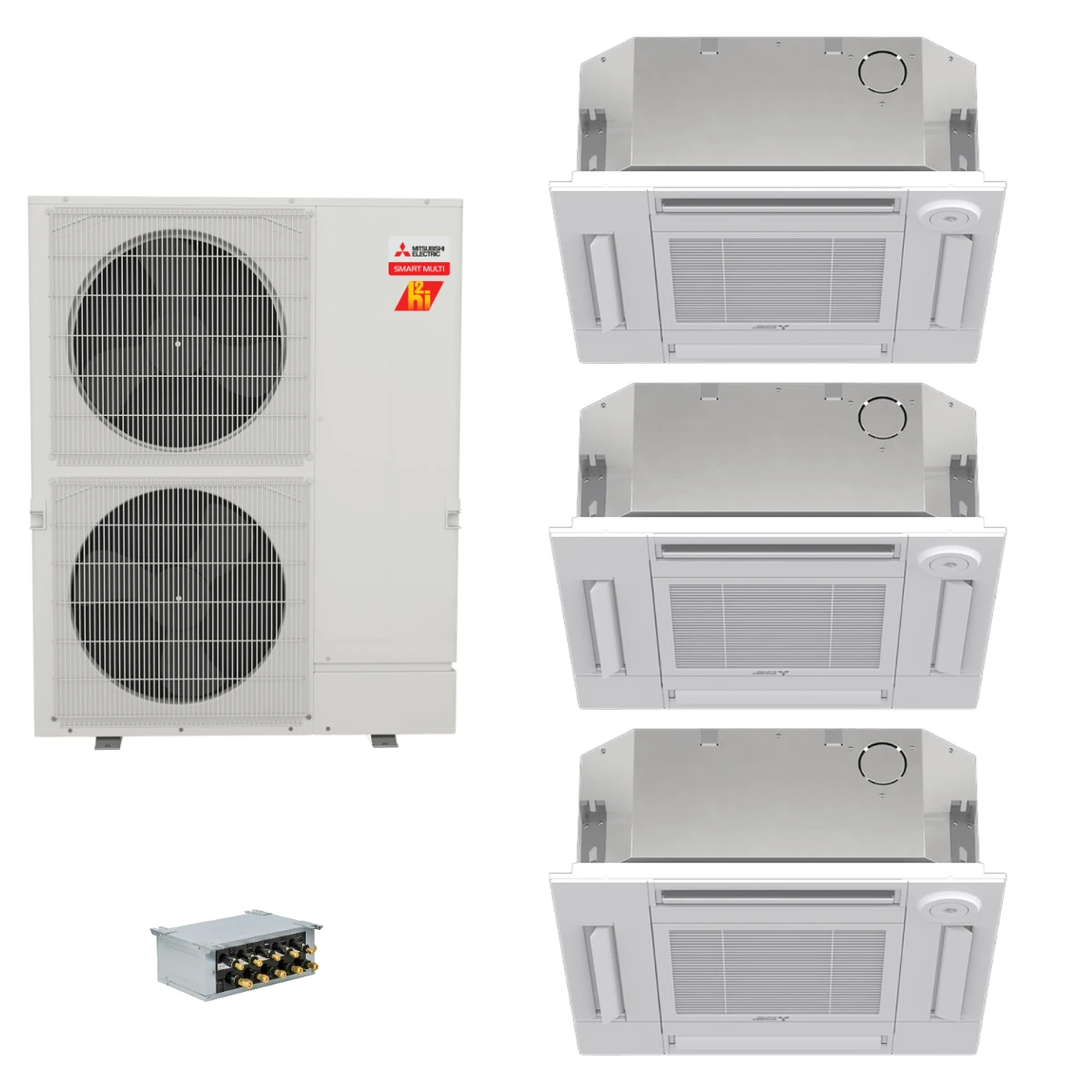 Mitsubishi Electric 48,000 BTU 23 SEER2 Hyper-Heat Smart Multi Tri Zone 4-Way Ceiling Cassette Ductless Mini Split Heat Pump System 9+18+18 with Branch Box R454B