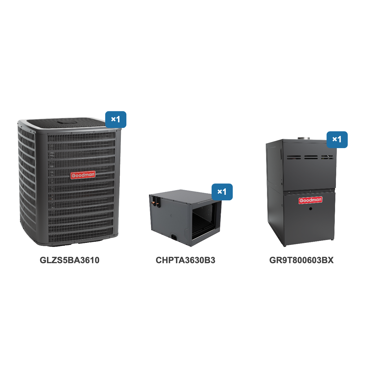 Goodman 3 Ton Heat Pump & Gas Furnace Dual Fuel System: GLZS5BA3610, CHPTA3630B3, GR9T800603BX