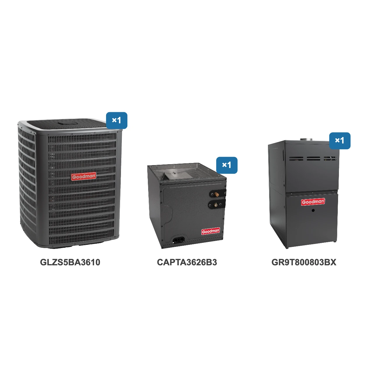 Goodman 3 Ton Heat Pump & Gas Furnace Dual Fuel System: GLZS5BA3610, CAPTA3626B3, GR9T800803BX