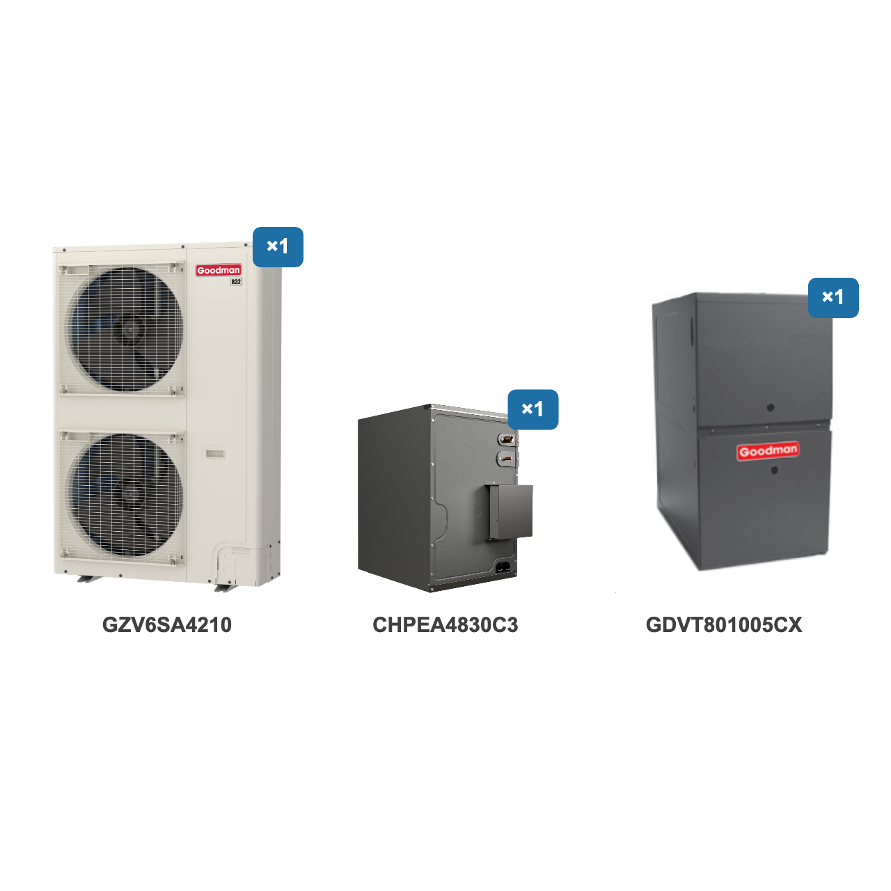 Goodman 3.5 Ton Heat Pump & Gas Furnace Dual Fuel System: GZV6SA4210, CHPEA4830C3, GDVT801005CX