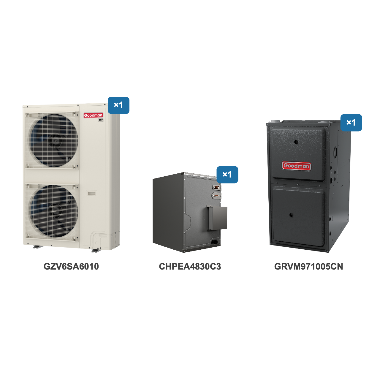 Goodman 5 Ton Heat Pump & Gas Furnace Dual Fuel System: GZV6SA6010, CHPEA4830C3, GRVM971005CN