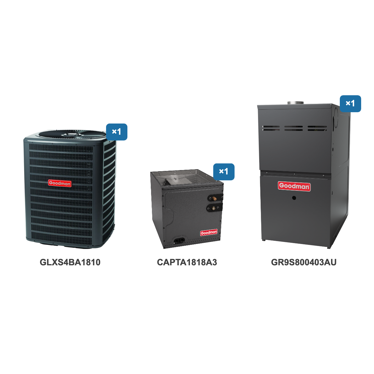 Goodman 1.5 Ton Air Conditioner & Ultra Low NOx Gas Furnace System: GLXS4BA1810, CAPTA1818A3, GR9S800403AU