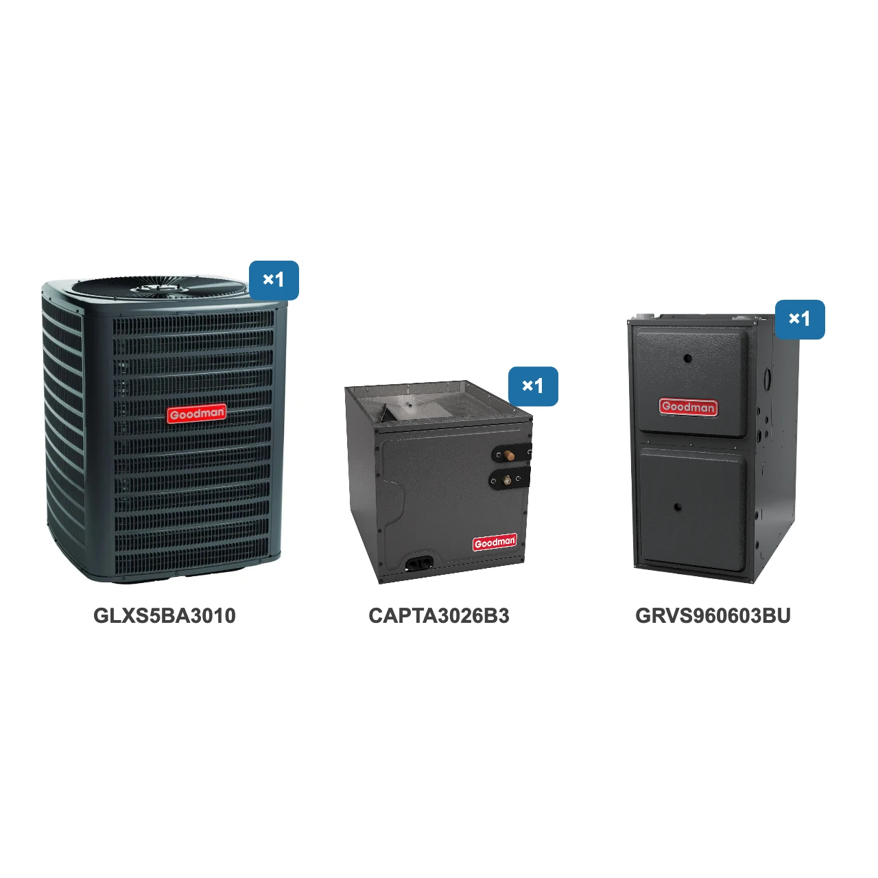 Goodman 2.5 Ton Air Conditioner & Ultra Low NOx Gas Furnace System: GLXS5BA3010, CAPTA3026B3, GRVS960603BU