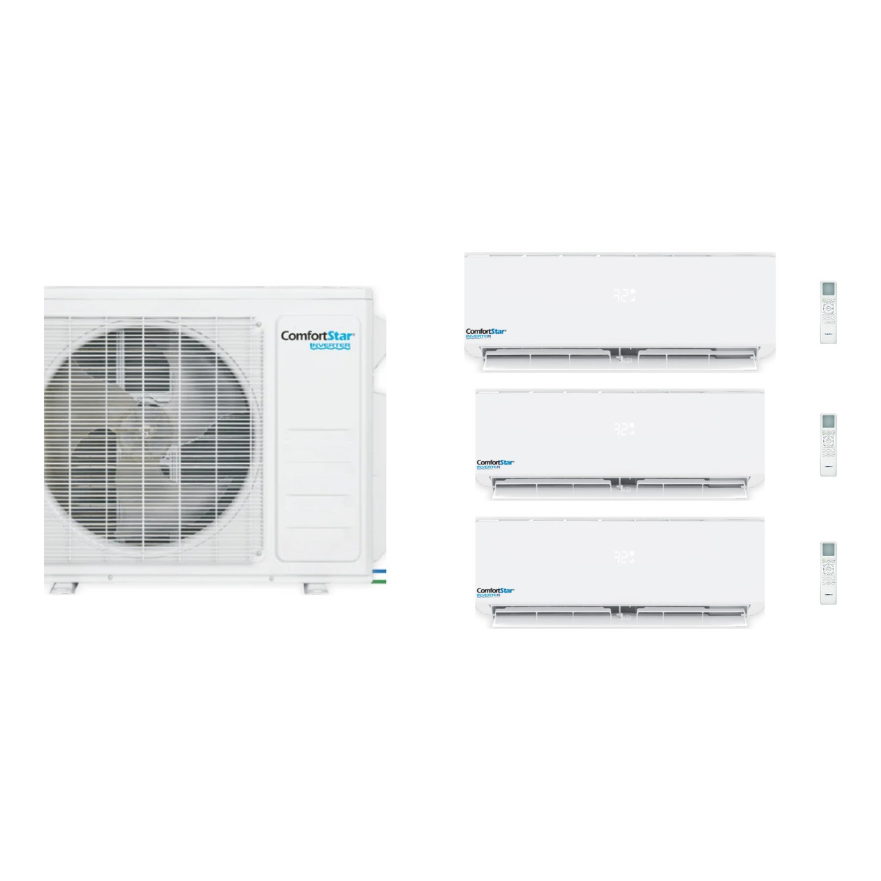 Comfortstar 28,000 BTU 2.5 Ton 20 SEER2 Wall Mounted Tri Zone Ductless Mini Split Heat Pump System 9K + 9K + 18K Orbit R-454B 208/230V