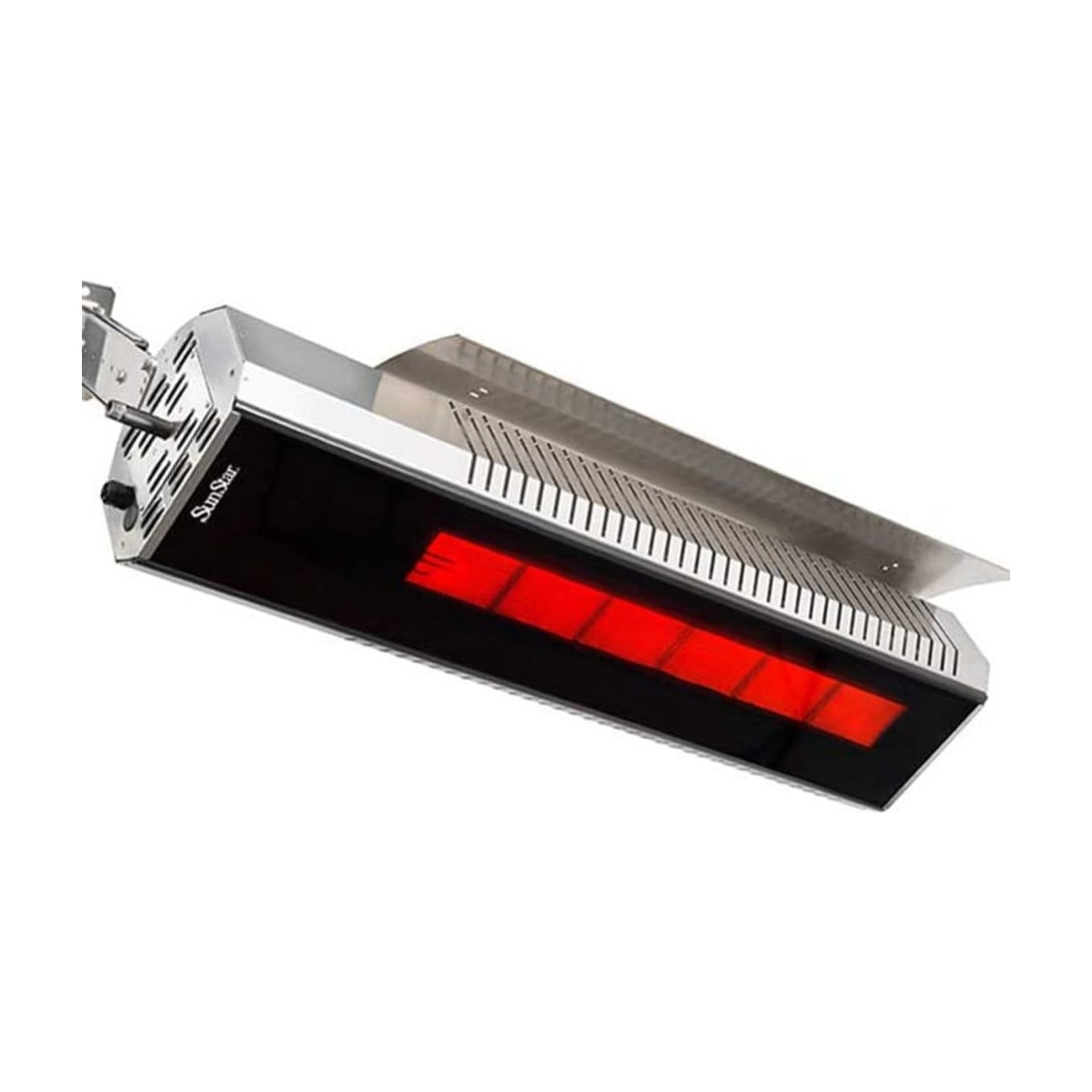 Sunstar SGL35-L7-MG 35,000 BTU propane 316 stainless marine grade glass patio heater, angled view