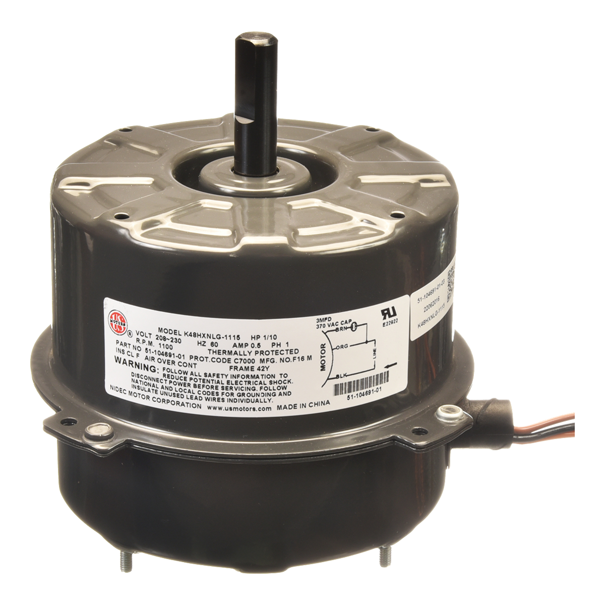 ProTech 1/10 HP Condenser Fan Motor - 208-230V, 1075 RPM, 1-Speed, CCW – 51-104691-01