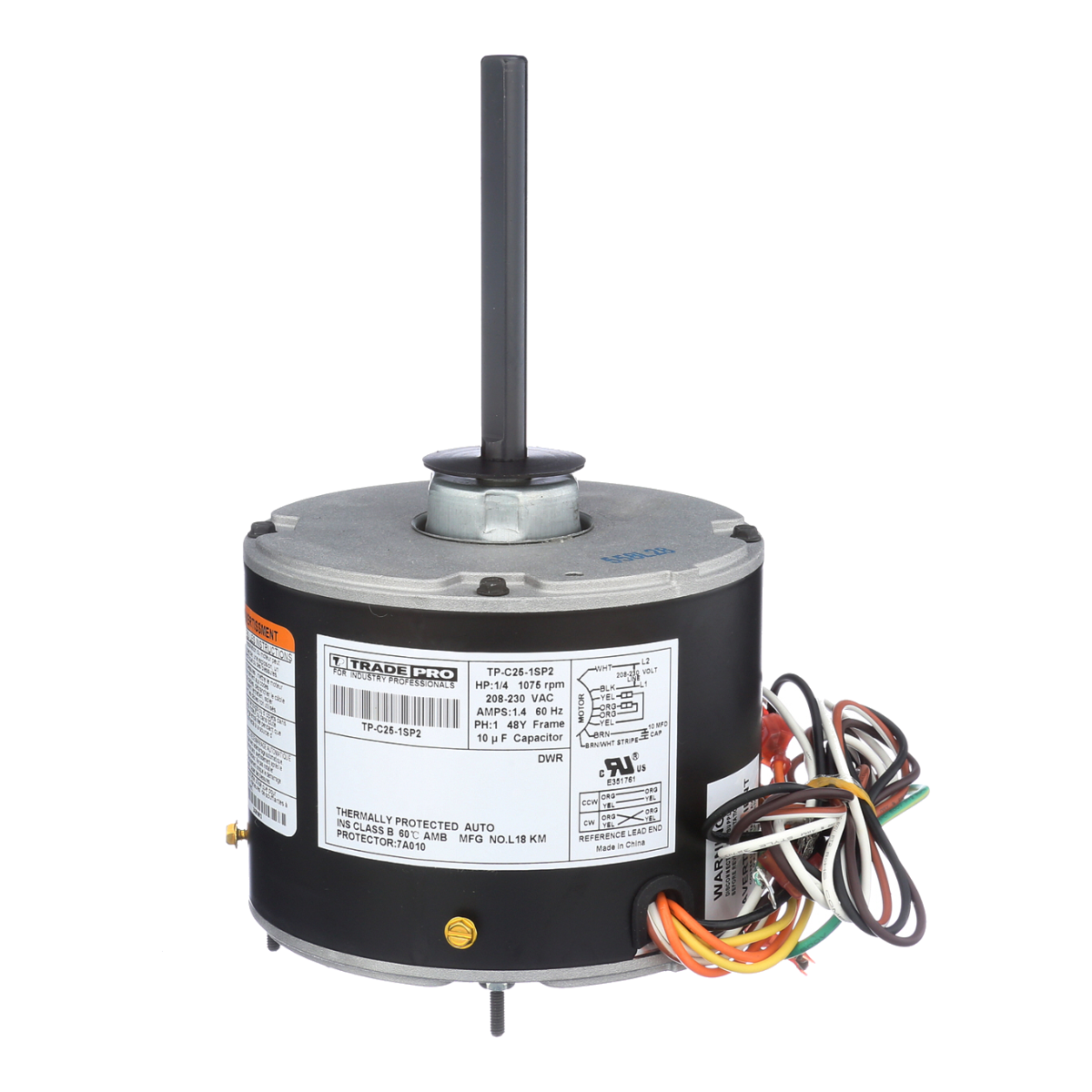 TradePro 1/4 HP Condenser Fan Motor - 208-230V, 1075 RPM, 1-Speed, Reversible – TP-C25-1SP2