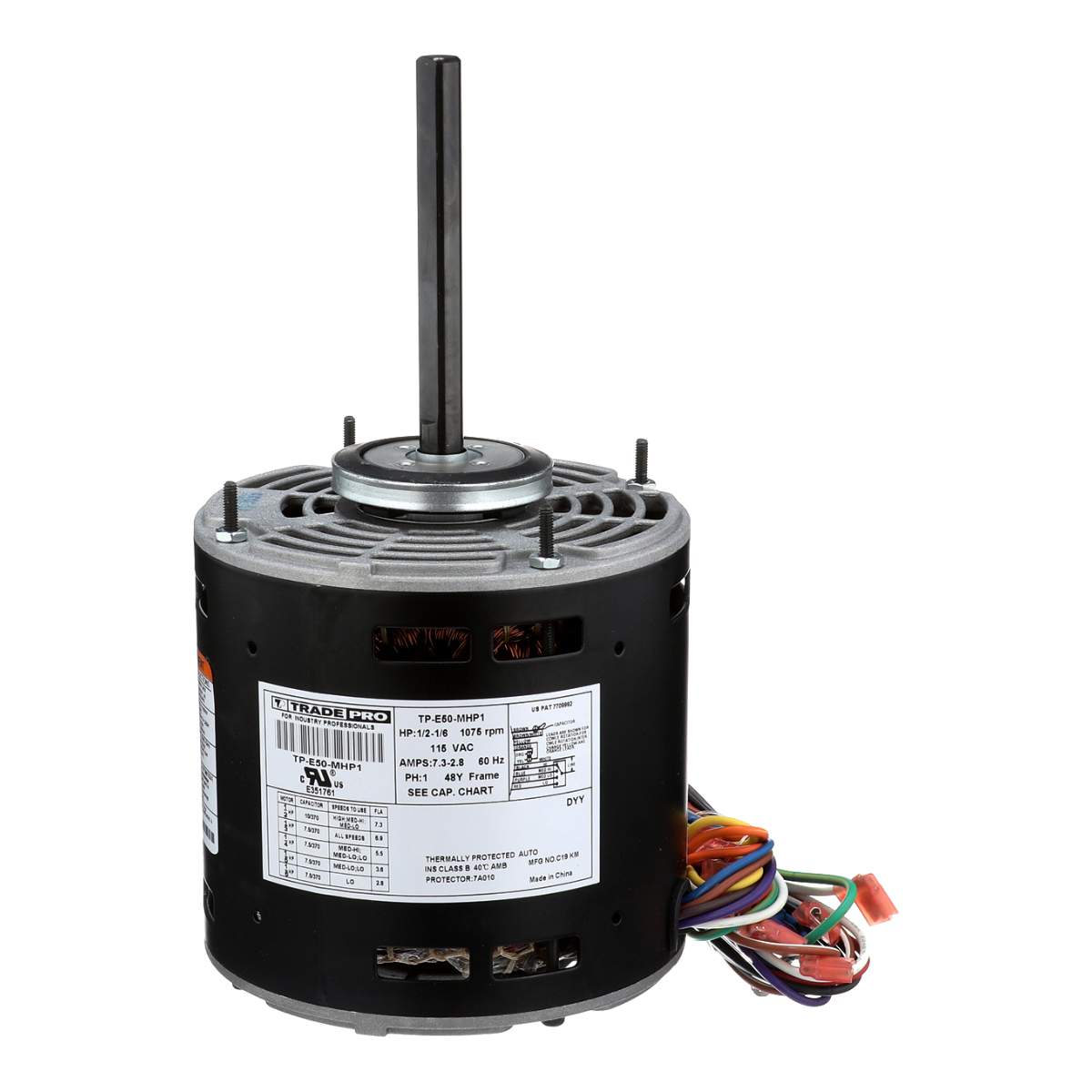 TradePro 1/6-1/2 HP Direct Drive Blower Motor - 115V, 1075 RPM, 3-Speed, Reversible – TP-E50-MHP1