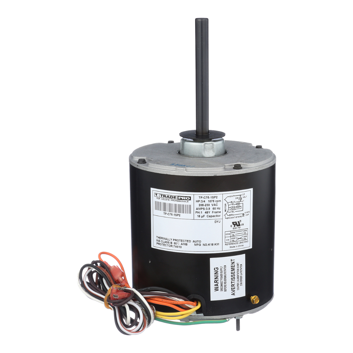 TradePro 3/4 HP Condenser Fan Motor - 208-230V, 1075 RPM, 1-Speed, Reversible – TP-C75-1SP2