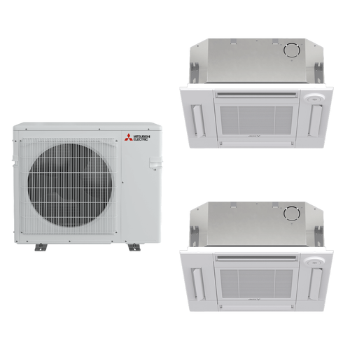 Mitsubishi Electric 24,000 BTU 20 SEER2 Dual Zone 4-Way Ceiling Cassette Ductless Mini Split Heat Pump System 9+9 R454B Refrigerant