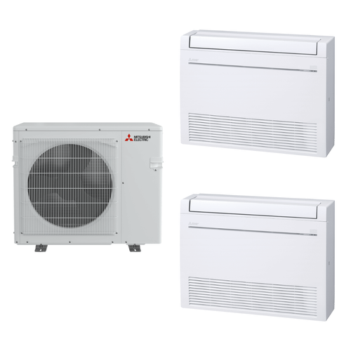 Mitsubishi Electric 20,000 BTU 20 SEER2 Dual Zone Floor Mounted Ductless Mini Split Heat Pump System 9+12 R454B Refrigerant