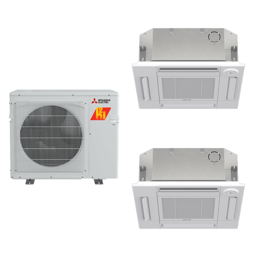 Mitsubishi Electric 24,000 BTU 20 SEER2 Hyper-Heat Dual Zone 4-Way Ceiling Cassette Ductless Mini Split Heat Pump System 12+15 R454B Refrigerant