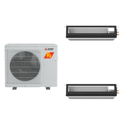 Mitsubishi Electric 24,000 BTU 14 SEER2 Hyper-Heat Dual Zone Mid Static Ducted Mini Split Heat Pump System 9+15 R454B Refrigerant