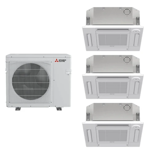 Mitsubishi Electric 30,000 BTU 21 SEER2 Tri Zone 4-Way Ceiling Cassette Ductless Mini Split Heat Pump System 9+9+9 R454B Refrigerant