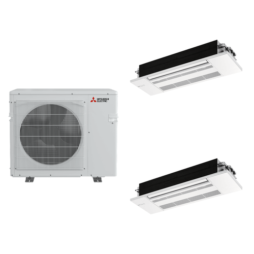 Mitsubishi Electric 30,000 BTU 21 SEER2 Dual Zone 1-Way Ceiling Cassette Ductless Mini Split Heat Pump System 18+18 R454B Refrigerant