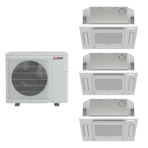 Mitsubishi Electric 42,000 BTU 19 SEER2 Tri Zone 4-Way Ceiling Cassette Ductless Mini Split Heat Pump System 15+18+18 R454B Refrigerant