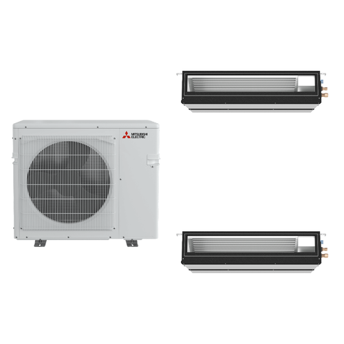 Mitsubishi Electric 42,000 BTU 15 SEER2 Dual Zone Mid Static Ducted Mini Split Heat Pump System 9+12 R454B Refrigerant