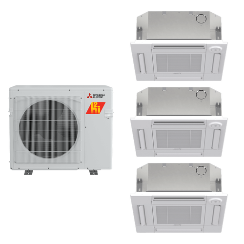 Mitsubishi Electric 30,000 BTU 20 SEER2 Hyper-Heat Tri Zone 4-Way Ceiling Cassette Ductless Mini Split Heat Pump System 9+9+15 R454B Refrigerant
