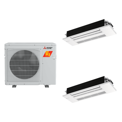 Mitsubishi Electric 30,000 BTU 20 SEER2 Hyper-Heat Dual Zone 1-Way Ceiling Cassette Ductless Mini Split Heat Pump System 18+18 R454B Refrigerant