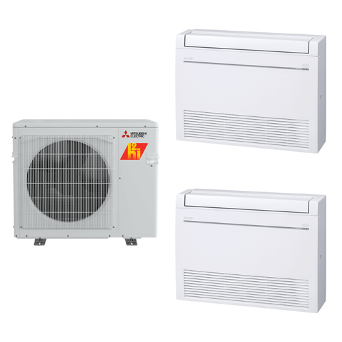 Mitsubishi Electric 30,000 BTU 20 SEER2 Hyper-Heat Dual Zone Floor Mounted Ductless Mini Split Heat Pump System 15+18 R454B Refrigerant