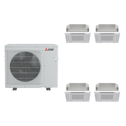 Mitsubishi Electric 42,000 BTU 19 SEER2 Quad Zone 4-Way Ceiling Cassette Ductless Mini Split Heat Pump System 9+9+12+12 R454B Refrigerant