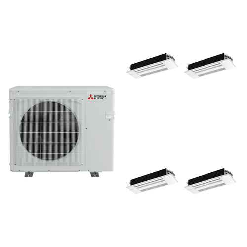 Mitsubishi Electric 42,000 BTU 19 SEER2 Quad Zone 1-Way Ceiling Cassette Ductless Mini Split Heat Pump System 9+9+12+12 R454B Refrigerant