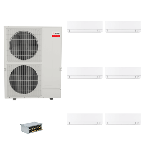 Mitsubishi Electric 48,000 BTU 23 SEER2 Smart Multi Six Zone Wall Mounted Ductless Mini Split Heat Pump System 6+6+6+6+6+6 with Branch Box R454B