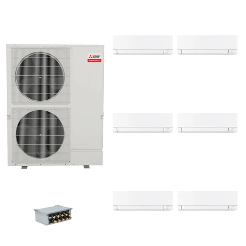 Mitsubishi Electric 48,000 BTU 23 SEER2 Smart Multi Six Zone Wall Mounted Ductless Mini Split Heat Pump System 6+6+6+6+6+30 with Branch Box R454B