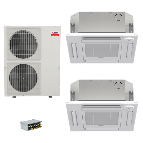 Mitsubishi Electric 48,000 BTU 23 SEER2 Smart Multi Dual Zone 4-Way Ceiling Cassette Ductless Mini Split Heat Pump System 18+18 with Branch Box R454B