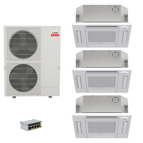 Mitsubishi Electric 48,000 BTU 23 SEER2 Smart Multi Tri Zone 4-Way Ceiling Cassette Ductless Mini Split Heat Pump System 15+15+15 with Branch Box R454B