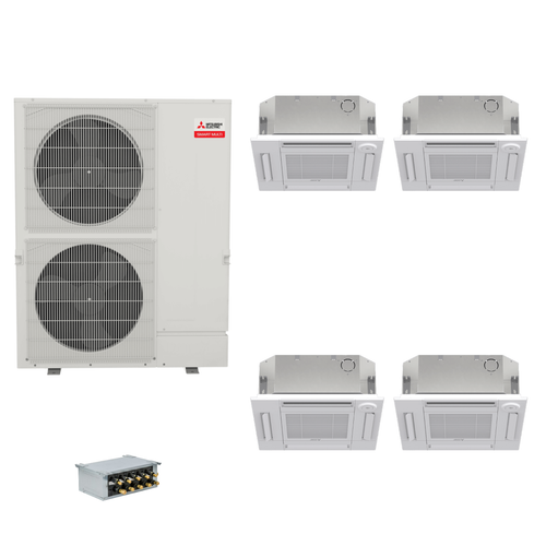 Mitsubishi Electric 48,000 BTU 23 SEER2 Smart Multi Quad Zone 4-Way Ceiling Cassette Ductless Mini Split Heat Pump System 9+12+18+18 with Branch Box R454B