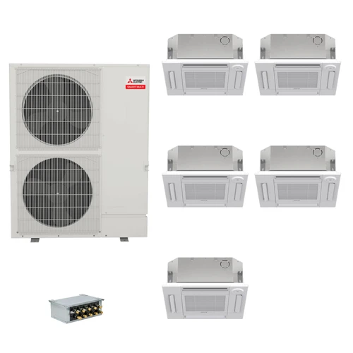 Mitsubishi Electric 48,000 BTU 23 SEER2 Smart Multi Five Zone 4-Way Ceiling Cassette Ductless Mini Split Heat Pump System 9+9+9+15+18 with Branch Box R454B