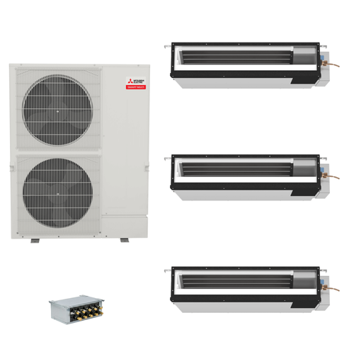 Mitsubishi Electric 48,000 BTU 17 SEER2 Smart Multi Tri Zone Low Static Ducted Mini Split Heat Pump System 9+9+18 with Branch Box R454B