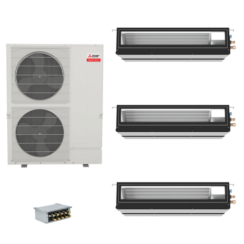 Mitsubishi Electric 48,000 BTU 17 SEER2 Smart Multi Tri Zone Mid Static Ducted Mini Split Heat Pump System 9+9+24 with Branch Box R454B
