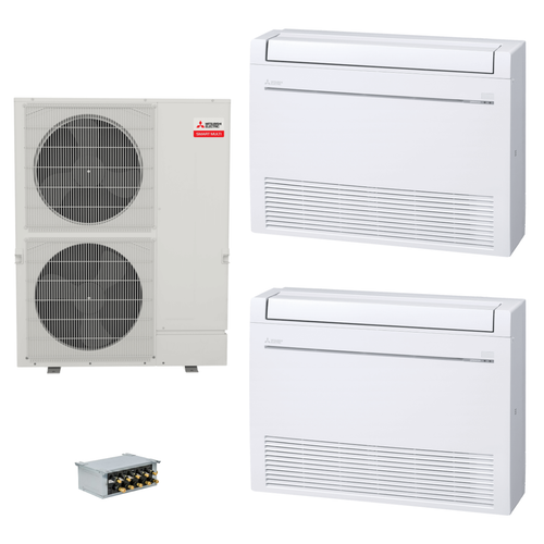 Mitsubishi Electric 48,000 BTU 23 SEER2 Smart Multi Dual Zone Floor Mounted Ductless Mini Split Heat Pump System 15+18 with Branch Box R454B