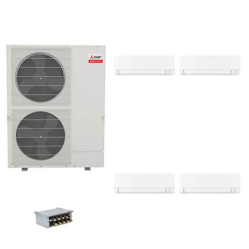 Mitsubishi Electric 60,000 BTU 20 SEER2 Smart Multi Quad Zone Wall Mounted Ductless Mini Split Heat Pump System 6+9+9+15 with Branch Box R454B