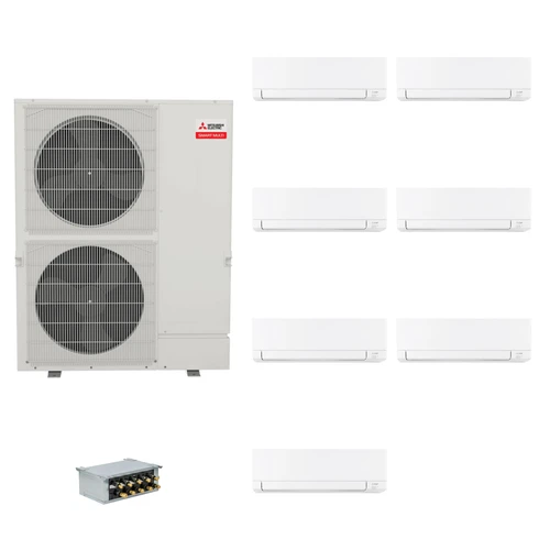 Mitsubishi Electric 60,000 BTU 20 SEER2 Smart Multi Seven Zone Wall Mounted Ductless Mini Split Heat Pump System 6+9+9+9+9+9+12 with Branch Box R454B