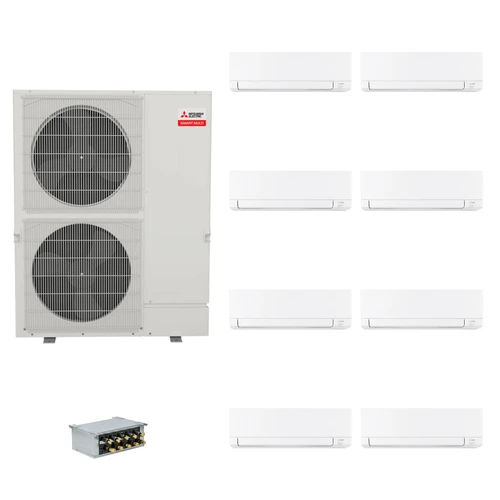 Mitsubishi Electric 60,000 BTU 20 SEER2 Smart Multi Eight Zone Wall Mounted Ductless Mini Split Heat Pump System 6+9+9+9+9+9+9+9 with Branch Box R454B