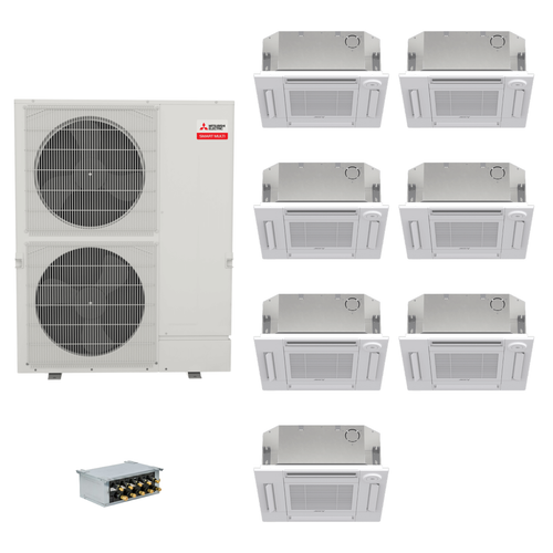 Mitsubishi Electric 60,000 BTU 20 SEER2 Smart Multi Seven Zone 4-Way Ceiling Cassette Ductless Mini Split Heat Pump System 9+9+9+9+9+9+15 with Branch Box R454B