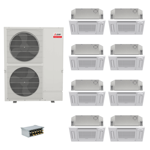 Mitsubishi Electric 60,000 BTU 20 SEER2 Smart Multi Eight Zone 4-Way Ceiling Cassette Ductless Mini Split Heat Pump System 9+9+9+9+9+9+9+15 with Branch Box R454B