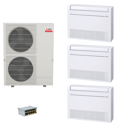 Mitsubishi Electric 60,000 BTU 20 SEER2 Smart Multi Tri Zone Floor Mounted Ductless Mini Split Heat Pump System 9+18+18 with Branch Box R454B
