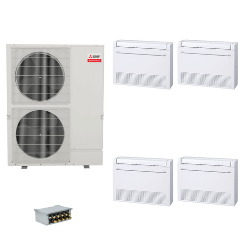 Mitsubishi Electric 60,000 BTU 20 SEER2 Smart Multi Quad Zone Floor Mounted Ductless Mini Split Heat Pump System 9+12+15+18 with Branch Box R454B
