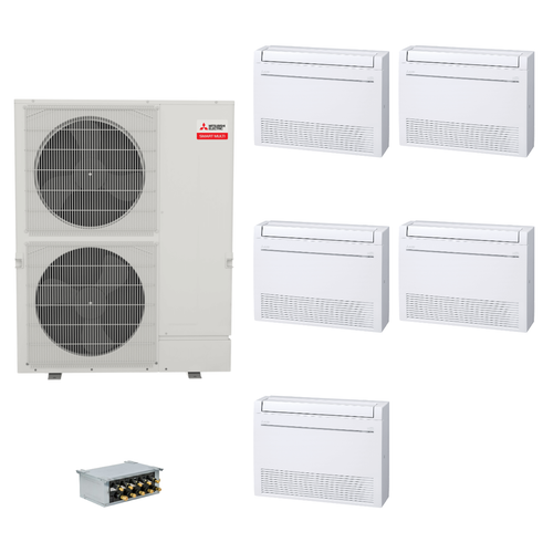 Mitsubishi Electric 60,000 BTU 20 SEER2 Smart Multi Five Zone Floor Mounted Ductless Mini Split Heat Pump System 9+9+9+12+18 with Branch Box R454B