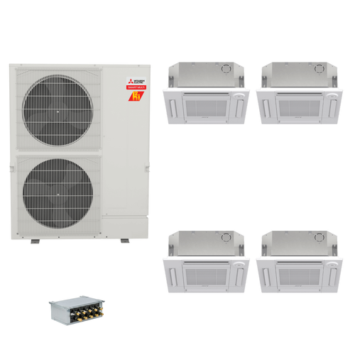 Mitsubishi Electric 36,000 BTU 23 SEER2 Hyper-Heat Smart Multi Quad Zone 4-Way Ceiling Cassette Ductless Mini Split Heat Pump System 9+9+9+12 with Branch Box R454B