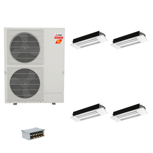 Mitsubishi Electric 36,000 BTU 23 SEER2 Hyper-Heat Smart Multi Quad Zone 1-Way Ceiling Cassette Ductless Mini Split Heat Pump System 9+9+9+9 with Branch Box R454B