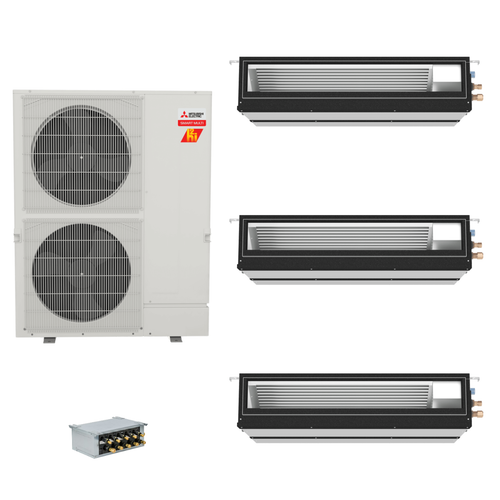 Mitsubishi Electric 36,000 BTU 17 SEER2 Hyper-Heat Smart Multi Tri Zone Mid Static Ducted Mini Split Heat Pump System 9+12+12 with Branch Box R454B